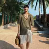 Camisa de Punto Calado con Cuello Cubano Estilo Old Money Vintage para Hombre, Camisa Holgada de Manga Corta para Vacaciones en la Playa Hawaiana