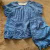 Pijama floral azul pavo real estilo coreano de manga corta para mujer, algodón nube de verano, dulce, cuello redondo, holgado, conjunto de ropa para el hogar
