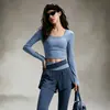 Conjunto de Yoga Falso Duas Peças para Mulheres, Gola Quadrada Manga Longa Calça de Cintura Alta Levanta Bumbum, Conjunto Profissional de Duas Peças para Pilates Esporte Fitness