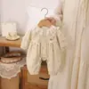 Estilo Outono Blush Urso Camada Dupla Laço Macacão Romper Roupa de Engatinhar Lua Cheia Roupas para Sair Roupas de Bebê Crianças