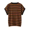 Camiseta redonda de manga curta com listras em blocos de cor, nova blusa de verão com mangas babado listradas, corte solto, versátil e jovial