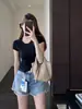 Camiseta elegante com manga raglã, corte justo, texturizada, macia e respirável, manga curta para mulheres, novo modelo