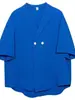 Camisa de Manga Corta con Diseño Azul Klein de Verano para Hombre, Holgada, Estilo Waffle, Cuello Cubano, Camisa de Traje de Moda
