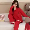 Pijama Festivo Rojo de Algodón Puro para Mujer, Rojo Grande, Boda, Año del Rata, Cárdigan de Manga Larga, Ropa para el Hogar, Conjunto de Algodón Cómodo y Transpirable