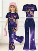 Conjunto de duas peças estilo rua para menina grande com estampa fofa, top de manga curta estilo coreano em desenho animado de seda de leite e calça boca de sino