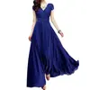 Aliexpress Amazon Europeu e Americano Decote V Manga Curta Boêmio Chiffon Cintura Marcada Emagrecedor Cobertura da Barriga Vestido Longo