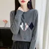Outono Inverno Novo Cardigã de Tricô Gola Redonda 100% Lã Feminino Manga Longa Patchwork de Diamante Colorido Suéter Solto de Lã Top