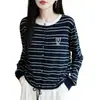 Cardigã de Malha Bordado Listrado Estilo Francês para Mulheres 2026 Nova Moda Elegante Quente Suéter Básico Blusa com Cordão