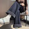 Pantalones vaqueros de pierna ancha para mujer para primavera y otoño, de cintura alta, adelgazantes, casuales de pierna recta, pantalones de invierno para mujer, versión estrecha, corte holgado, forrados de polar, engrosados