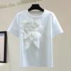 Camiseta de Manga Corta con Cuello Redondo y Estampado de Flores de Alta Resistencia 2024 Verano Estilo Coreano Holgada Recta Color Sólido Con Cuentas Elástica Todo Fósforo Top