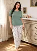 Ropa de casa transfronteriza europea y americana más vendida, conjunto de pantalón largo de manga corta con cuello redondo y estampado floral talla grande, se puede usar afuera como pijama tipo suéter