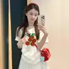 Elegante Divertido Estampado de Tomate Casual Manga Corta Verano para Mujer Único Holgado Hombro Derecho Cuello Redondo Top Camiseta de Algodón Puro Moderno