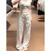 Calça Cargo Branca Feminina Petite, Nova Coleção Primavera e Outono 2026 Estilo Americano Garota Picante Cordão Cintura Baixa Reta Estreita Casual