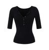 Camiseta Henley de Manga Média Estilo Americano para Mulheres, Novo Modelo Verão 2025, Estilo Garota Picante, Cor Sólida, Gola V com Botões, Slim Fit, Camiseta Básica