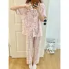 Pijama de verano para mujer con solapa y copas en el pecho, manga corta y pantalón largo, diseño lindo de dibujos animados, nuevo conjunto de casa de verano 2026