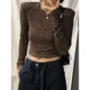 Tejido Térmico Acanalado 1*1 Estilo Chica Sexy Atrevida Cuello Redondo Estampado de Leopardo Manga Larga Otoño e Invierno Nuevo Estilo Ceñidor de Cintura Elegante Camiseta Base Corta