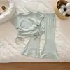 Conjunto de Verano para Niña Estilo Coreano Pantalones Acampanados de Manga Corta con Cordón Conjunto de Dos Piezas de Color Sólido Ropa de Verano Elegante para Niños Nuevo Modelo 2026