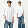 Calidad de Comercio Exterior 400g Peso Pesado Hilo Doble Verano Color Sólido Manga Corta Hombre Cuello Redondo Camiseta Moda Americana High Street Corte Holgado Camiseta