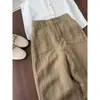 Estilo Velho Dinheiro! Respirável e Confortável! Calça Reta Khaki de Linho Tencel para Mulheres, Calça Casual Versátil, Fina