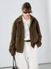 Chaqueta bomber retro de gamuza con solapas estilo británico para mujer, corta, corte holgado, con hombros caídos, dobladillo elástico y cintura ceñida