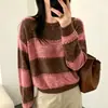 Suéter Redondo com Listras de Lantejoulas Feminino 2026 Outono Inverno Novo Estilo Coreano Solto Preguiçoso Macio Tricô Top