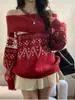 Suéter Rojo de Punto Fair Isle de un Solo Hombro para Mujer, Invierno Jacquard Holgado Estilo Perezoso Atuendo Navideño Suéter de Punto