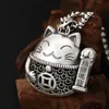 Pingente de gato da sorte oco de prata tibetana imitação vintage corrente longa para suéter acessório de chaveiro atacado