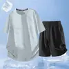 Conjunto de Shorts de Manga Corta de Seda Hielo para Hombre, Verano Transpirable de Secado Rápido Cuello Redondo Estampado Holgado Deportivo Casual Conjunto de Dos Piezas