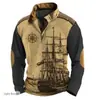 2026 Estilo Europeu Masculino Manga Longa Estilo Étnico Estampa 3D Gola Alta Meio Zíper Camisa Polo Top Manga Longa Primavera Outono Personalizável