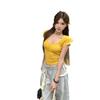 Camiseta de Manga Corta de Color Sólido Única y Hermosa de Estilo Francés para Mujer, Diseño Nicho, Ajuste Slim, Top Sexy con Cuello Corazón para Verano