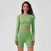 Conjunto de dos piezas para mujer, deportivo, de punto sin costuras, color puro, manga larga, pantalón tres cuartos, estilo transfronterizo europeo y americano, para correr, fitness, yoga.