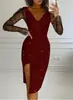 Ropa Femenina Transfronteriza Otoño e Invierno 2023 Amazon Wish Vestido Sexy de Malla con Escote en V y Pedrería para Mujer