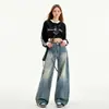 Jeans de Cintura Alta de Diseño Retro Street Style Americano de Pierna Ancha Suelta