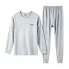 Conjunto de duas peças liso para casa com gola redonda para outono e inverno para meninos e meninas mais velhos 2026, roupa íntima térmica juvenil de algodão Lycra