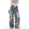 Jeans rasgados de design vintage de rua de nicho estilo americano para mulheres, calças compridas de cintura alta soltas para o outono com vibe street style