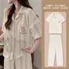 Pijama Estilo Coreano para Mujer Verano Manga Corta Pantalones Cárdigan Lindo Dibujo Animado Bola de Carbón Ropa para el Hogar Talla Grande Traje para Usar en Exteriores
