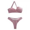 Venta Directa de Fábrica Top Tubo de Un Hombro Color Sólido Push-Up para Senos Pequeños Tela Brillante Bikini Sexy de Tres Piezas para Mujer