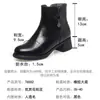 Botas Femininas Pretas de Salto Grosso com Zíper Lateral Forradas com Pelúcia Quentes Moda Tendência Outono/Inverno Zíper de Metal Bico Redondo Modelo Estiloso