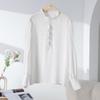 Camisa de Seda Pesada de Amora para Outono Feminina, Gola Alta, Manga Longa Francesa com Bordas Plissadas, Blusa Profissional para o Trabalho