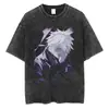 Streetwear Japonês Masculino Vintage Lavado Preto Camiseta Anime P