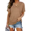 Camiseta feminina de manga curta com gola V, cor sólida, manga morcego, franzido lateral, 2025, moda europeia e americana transfronteiriça, novo produto de comércio exterior da Amazon