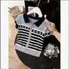 Camiseta Polo Jacquard Listrada de Manga Curta Estilo Alma do Mar para o Verão, Top de Tricô Fino de Verão, Blusa Estilosa