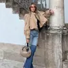Otoño 2026 Nuevo Abrigo Trench Khaki Transfronterizo Estilo Británico Corto Plisado Holgado Cuello Alto Mangas Abullonadas para Mujer