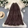Saia Longa de Malha Patchwork Cor Sólida Novo Estilo para Mulheres, Estilo Coreano Primavera e Outono, Delicada e Versátil, Saia Longa Evasê Emagrecedora