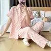 Nuevos pijamas 2024 para mujer de algodón burbuja finos de manga corta y pantalón traje dulce para casa
