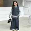 Conjunto Coreano de Tres Piezas para Niña de Otoño: Conjunto de Chaleco, Camiseta Básica y Pantalones de Pierna Ancha para Niños Mayores, Ropa Casual de Otoño a la Moda y Tendencia