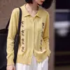 Nuevo Cárdigan de Punto Fino de Lana para Mujer Otoño, Cuello Polo, Manga Larga, Hombro Normal, Diseño Jacquard Hueco, Top Holgado