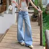 Jeans de pierna ancha estilo retro americano en azul claro lavado para mujer, holgados y adelgazantes, con un corte recto curvo y diseño hasta el suelo
