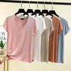 Nueva Camiseta de Modal de Verano con Cuello Ovalado de Manga Corta para Mujer Color Sólido Casual Holgada Aspecto Adelgazante Top Versátil