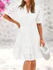 Vestido de Verão Feminino 2026, Vestido de Praia Bordado de Algodão Puro com Decote V Francês, Deslumbrante Vestido para Férias na Beira-Mar